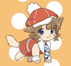  :3 animal animal_focus animal_with_hair animalization beyond_generation_(idolmaster) blue_eyes blue_necktie brown_hair cat closed_mouth clothed_animal commentary_request diagonal-striped_clothes diagonal-striped_necktie full_body hair_ornament hairclip hat hutaba idolmaster idolmaster_million_live! idolmaster_million_live!_theater_days looking_at_viewer necktie no_humans red_hat solo striped_clothes striped_necktie suou_momoko white_wrist_cuffs wrist_cuffs 