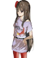  1girl :| arm_at_side belt black_belt black_eyes black_hair closed_mouth clothes_writing english_text hand_on_own_hip highres k-on! listen!! long_hair long_sidelocks neon627s pink_shirt pink_skirt red_socks shirt sidelocks simple_background skirt socks solo strap white_background 