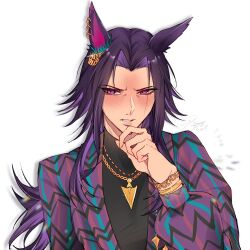  1girl absurdres animal_ears artist_request black_sweater blush bracelet commentary curtained_hair ear_ornament fenomeno_(gouki_naru_shien)_(umamusume) fenomeno_(umamusume) finger_to_own_chin flipped_hair forehead highres horse_ears horse_girl horse_tail jacket jewelry long_hair long_sleeves looking_at_viewer multicolored_hair necklace parted_bangs purple_hair purple_jacket shirt solo suit_jacket sweater tail turtleneck turtleneck_sweater umamusume untranslatable_commentary upper_body violet_eyes 