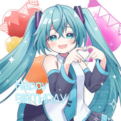  1girl :d balloon bare_shoulders black_skirt black_sleeves blue_eyes blue_hair blue_nails blue_necktie blush collared_shirt commentary crossed_bangs detached_sleeves double-parted_bangs four-finger_heart_hands hair_between_eyes happy_birthday hatsune_miku heart heart_balloon heart_hands long_hair long_sleeves looking_at_viewer nail_polish necktie open_mouth outline pleated_skirt sanada_illust_2 shirt simple_background skirt sleeveless sleeveless_shirt smile solo streamers tie_clip twintails upper_body very_long_hair vocaloid white_background white_outline white_shirt wide_sleeves 