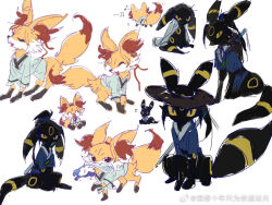 all_wishes_come_true! animalization black_eyes black_fur black_hair black_hat black_sash blue_hanfu bottle chinese_clothes chinese_commentary closed_eyes closed_mouth clothed_pokemon colored_sclera commentary_request crossover fangs fennekin fox full_body hair_ribbon hanfu hat high_ponytail holding kxsnzwsdzf looking_at_viewer lv_dongbin_(all_wishes_come_true!) mouth_hold multiple_views no_humans open_mouth pokemon_(creature) ponytail red_ribbon ribbon sash sidelocks simple_background sitting sketch smile standing straw_hat sword sword_on_back tail umbreon watermark weapon weapon_on_back weibo_watermark white_background white_hanfu yellow_eyes zhongli_quan_(all_wishes_come_true!) 
