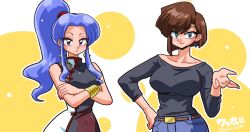  2girls aged_up alternate_hairstyle aqua_eyes artist_name asymmetrical_hair bare_shoulders belt belt_buckle black_dress black_shirt blue_pants blunt_ends bob_cut bracelet breasts brown_belt brown_hair buckle chinese_clothes closed_mouth colalrbone commentary crossed_arms denim dot_mouth dragon_print dress eyelashes eyeshadow gold_bracelet hand_on_own_hip hand_up high_collar high_ponytail highres jeans jewelry kuonji_ukyou large_breasts light_particles light_smile long_hair makeup multiple_girls off-shoulder_shirt off_shoulder outline pants parted_bangs pendant_earrings ponytail print_dress purple_hair qipao ranma_1/2 red_eyeshadow red_scrunchie red_trim scrunchie shampoo_(ranma_1/2) shirt short_hair side-by-side sidelocks signature sleeveless sleeveless_dress swept_bangs three-quarter_sleeves twitter_username two-tone_background two-tone_dress upper_body violet_eyes wanta_(futoshi) wavy_hair white_background white_dress white_outline yellow_background 