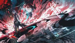  1boy absurdres black_gloves black_shirt coin different_reflection elbow_gloves energy gloves green_eyes heterochromia highres holding holding_polearm holding_weapon holed_coin huuuhjjj jingran_(wuthering_waves) limited_palette long_hair male_focus parted_lips polearm projected_inset reflection reflective_liquid shirt standing tacet_mark_(wuthering_waves) weapon white_hair wuthering_waves yellow_eyes 