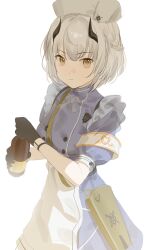  1girl absurdres apron armband black_gloves blue_archive blue_dress bottle braid buttons closed_mouth demon_girl demon_horns double-breasted dress expressionless gloves grey_hair half_up_braid hat highres holding holding_bottle horns medicine_bottle nurse_cap puffy_short_sleeves puffy_sleeves sena_(blue_archive) short_hair short_sleeves simple_background solo v-shaped_eyebrows waist_apron white_apron white_armband white_background xianyusixu yellow_eyes 