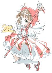  1girl antenna_hair bow brown_hair cardcaptor_sakura closed_mouth commentary_request creature dress full_body fuuin_no_tsue gloves green_eyes hat highres holding kero_(cardcaptor_sakura) kinomoto_sakura kinomoto_sakura_(magician) looking_at_viewer magical_girl over-kneehighs puffy_short_sleeves puffy_sleeves red_bow red_dress red_hat samsa1228 short_hair short_sleeves simple_background solo tareme thigh-highs white_background white_gloves white_thighhighs wings 