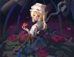  1girl back_bow blonde_hair bow closed_mouth dun_ji_(user_mzgg2754) english_commentary flandre_scarlet from_behind hair_between_eyes hat hat_ribbon highres long_hair looking_back mob_cap multicolored_wings puffy_short_sleeves puffy_sleeves red_eyes red_ribbon red_skirt red_vest ribbon ribbon-trimmed_headwear ribbon_trim shirt short_sleeves skirt solo touhou vest white_bow white_headwear white_shirt wings 