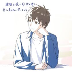  1boy artist_request blue_jacket brown_eyes brown_hair closed_mouth commentary_request expressionless hand_up highres jacket long_sleeves looking_to_the_side male_focus official_art second-party_source shirt short_hair simple_background solo sorano_kakeru toumei_na_yoru_ni_kakeru_kimi_to_me_ni_mienai_koi_wo_shita translation_request white_background white_shirt 