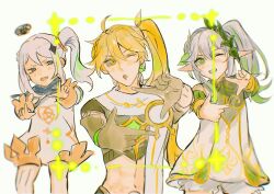  1boy 2girls aeferjam aether_(genshin_impact) ahoge alternate_costume alternate_hair_length_(longer) arm_guards bare_shoulders black_shirt blonde_hair bloomers blue_eyes blue_scarf blush bracelet braid brown_gloves cowboy_shot cross-shaped_pupils detached_sleeves dress english_commentary feet_out_of_frame four-pointed_star genshin_impact gloves gold_bracelet gradient_hair green_eyes green_hair green_sleeves hair_between_eyes hair_ornament hair_ribbon heart heart_hair_ornament highres index_finger_raised jewelry leaf_hair_ornament long_hair long_sleeves looking_at_another looking_at_viewer midriff multicolored_hair multiple_girls nahida_(genshin_impact) navel one_eye_closed open_mouth paimon_(genshin_impact) pointy_ears puffy_long_sleeves puffy_sleeves ribbon romper scarf shirt short_sleeves side_braid side_ponytail sidelocks simple_background single_braid single_thighhigh sleeveless sleeveless_dress smile squiggle standing star_(symbol) star_hair_ornament symbol-shaped_pupils teeth thigh-highs two-tone_hair upper_body v-shaped_eyebrows white_background white_bloomers white_dress white_hair white_ribbon white_romper white_scarf white_thighhighs yellow_eyes yellow_pupils 