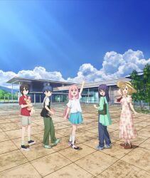 5girls black_hair blonde_hair blue_eyes blue_hair boots chihuahua dog earmuffs glasses green_eyes hair_bun hairband highres jacket key_visual leggings long_hair low_twintails multiple_girls official_art pink_hair ponytail scarf shadow short_hair shorts side_ponytail skirt sleeping_bag tent twintails yurucamp