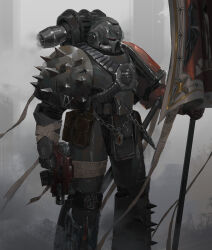  1boy absurdres adeptus_astartes armor assault_visor bolter chain flag full_armor full_body highres holding holding_bolter holding_flag male_focus nn128841 power_armor purity_seal science_fiction shoulder_spikes solo spikes standing warhammer_40k warhammer_40k:_space_marine weapon 