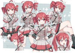  1girl ahoge alternate_hairstyle arrow_(symbol) black_boots boots border buttons closed_eyes commentary crossed_legs double-breasted embarrassed english_text finger_to_mouth frilled_skirt frills grey_background grey_jacket grey_skirt grid_background hair_ribbon hands_on_own_hips hayato_noda highres index_finger_raised invisible_chair jacket kasane_teto kasane_teto_(sv) knees_apart_feet_together lace-up_boots looking_to_the_side multiple_views nail_polish open_mouth outside_border profile red_eyes red_hair red_nails ribbon sitting skirt smile soles_together standing synthesizer_v translation_request twintails utau white_border white_ribbon 