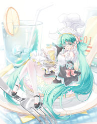  1girl absurdres ahoge apron aqua_eyes aqua_hair aqua_nails bare_shoulders black_sleeves bowl chef_hat chinese_commentary commentary_request cream cream_on_face detached_sleeves drinking_straw food food_on_face fork frilled_apron frills fruit full_body hair_between_eyes hair_ornament hair_rings hat hatsune_miku high_heels highres holding holding_bowl holding_whisk ice ice_cube lemon lemon_slice licking_lips long_hair looking_at_viewer maid maid_apron one_eye_closed plate sitting skirt solo spoon thigh-highs tongue tongue_out twintails very_long_hair vocaloid whisk white_apron white_thighhighs wide_sleeves xhs_xuanfu 