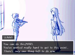  1boy 1girl antenna_hair brother_and_sister commentary_request english_text faceless hand_on_own_arm highres instrument mari_(omori) myohn omari_(omori) omori siblings sunny_(omori) video_game_dialogue_box violin 