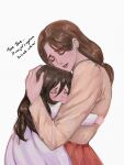  2girls arms_around_back bangs black_hair brown_hair brown_shirt carla_yeager closed_eyes comforting crying dress english_text female_child hair_between_eyes hand_on_another&#039;s_head highres hug long_hair long_sleeves low-tied_long_hair mikasa_ackerman mother_and_daughter multiple_girls parted_bangs parted_lips red_skirt shingeki_no_kyojin shirt skirt smile tears upper_body white_background white_dress zaragreenbite 