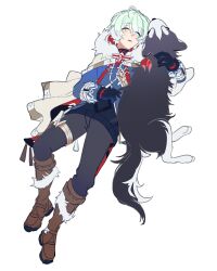  1boy absurdres ahoge alyosha_(genshin_impact) animal animal_ears animal_focus animal_nose black_fur black_gloves black_pants black_shirt blue_jacket boots brown_boots closed_eyes commentary dog dog_ears dog_tail earmuffs freckles fur-trimmed_boots fur_trim genshin_impact gloves green_hair hair_between_eyes highres husky jacket long_sleeves lying male_focus ochii_p on_back open_mouth pants pet pouch shirt short_hair simple_background sleeping smile spread_legs tail tassel thigh_pouch tugarin_(genshin_impact) turtleneck turtleneck_shirt two-tone_fur untranslatable_commentary white_background white_fur 
