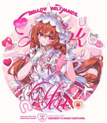  1girl animal_ears apron brown_hair cherry closed_mouth commentary_request dress enmaided finger_to_cheek flower food fork fruit holding holding_fork horse_ears horse_girl long_hair looking_at_viewer maid pink_background pink_dress pink_ribbon puffy_short_sleeves puffy_sleeves red_eyes red_flower red_rose ribbon rose short_sleeves smile solo still_in_love_(umamusume) umamusume veil very_long_hair welchino white_apron white_flower white_rose white_veil wrist_cuffs 