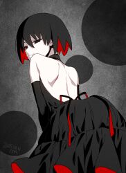  1girl :3 absurdres backless_dress backless_outfit bare_shoulders black_dress black_eyes black_gloves black_hair colored_inner_hair commentary dated dress elbow_gloves gloves hair_between_eyes highres looking_at_viewer looking_back manimani_(mani_ma) monogatari_(series) multicolored_hair narrowed_eyes oshino_ougi red_dress red_hair red_pupils simple_background smile solo strapless strapless_dress two-tone_dress 