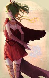  1girl belt black_ribbon blush breasts cape closed_mouth commentary crying crying_with_eyes_open deathpoica deathpolca demons_roots demons_roots_(series) dress elbow_gloves english_text fingernails floating_cape floating_clothes floating_hair flower from_side gloves gradient_hair green_eyes green_hair hair_ribbon high_ponytail highres holding holding_flower long_fingernails long_hair long_sidelocks looking_ahead multicolored_hair multiple_belts orange_hair ponytail red_dress ribbon side_ponytail sidelocks simple_background small_breasts solo sunlight tears thigh-highs zettai_ryouiki 