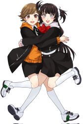  1boy 1girl amada_ken brown_eyes brown_hair full_body gekkoukan_high_school_uniform highres kneehighs looking_at_viewer megami_tensei niu_njgr oc_x_canon open_mouth original persona persona_3 school_uniform shoes simple_background socks twintails white_background white_shoes white_socks 