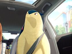  1boy bag brown_eyes building car_interior closed_mouth commentary_request day drink_carton food fruit highres lamppost looking_to_the_side male_focus milk_carton official_art pokemon pokemon_(creature) seatbelt typhlosion yellow_fur 