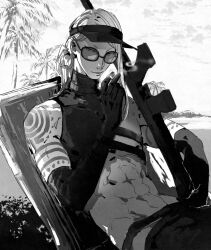  1boy abs beach chair cigarette commentary_request crop_top day elbow_gloves fate/grand_order fate_(series) gloves greyscale gun highres holding holding_cigarette holding_gun holding_weapon kanamuna long_hair looking_at_viewer male_focus monochrome on_chair outdoors palm_tree ponytail sitting smile smoke smoking solo sunglasses tattoo tezcatlipoca_(fate) toned toned_male tree upper_body visor_cap weapon 