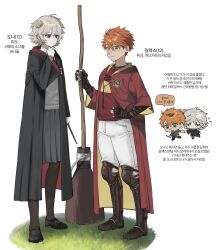  1boy 1girl aged_down alex_(degrees_of_lewdity) alex_(male)_(degrees_of_lewdity) bandage_on_nose black_pantyhose black_robe blush broom brown_eyes character_age chibi coat degrees_of_lewdity double-parted_bangs fingerless_gloves full_body gloves grey_sweater gryffindor hair_between_eyes hair_bun hand_on_own_hip hand_up harry_potter_(series) highres holding holding_broom holding_wand horizontal_pupils kneehighs korean_text long_sleeves looking_at_another medium_skirt open_clothes open_robe orange_hair pants pantyhose player_character_(degrees_of_lewdity) player_character_(female)_(degrees_of_lewdity) pleated_skirt rainccc red_coat red_robe red_socks robe short_hair simple_background single_hair_bun skirt socks standing sweater two-sided_fabric two-sided_robe very_short_hair wand white_background white_pants wizarding_world 