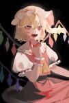  1girl ascot black_background blonde_hair blood blood_from_mouth blood_on_clothes blood_on_hands collared_shirt commentary_request fangs flandre_scarlet frilled_shirt_collar frilled_sleeves frills hair_between_eyes hat highres looking_at_viewer medium_hair mob_cap multicolored_wings open_mouth puffy_short_sleeves puffy_sleeves red_eyes red_skirt red_vest shirt short_sleeves simple_background skirt skirt_set solo touhou vest white_headwear white_shirt wings wrist_cuffs yellow_ascot za_(user_hrdd3775) 