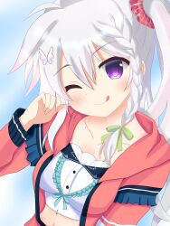  1girl 9-nine- :q ;q absurdres blue_background blush breasts butterfly_hair_ornament casual clenched_hand closed_mouth collarbone commentary eyes_visible_through_hair frilled_sleeves frills green_ribbon grey_hair hair_between_eyes hair_ornament hair_ribbon hair_scrunchie hand_up highres jacket jewelry kumaron large_breasts long_hair long_sleeves looking_at_viewer midriff navel necklace niimi_sora official_alternate_costume one_eye_closed open_clothes open_jacket red_jacket red_scrunchie ribbon scrunchie side_ponytail sidelocks simple_background smile solo strapless tehepero tongue tongue_out tube_top upper_body very_long_hair violet_eyes white_tube_top 