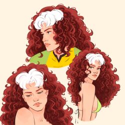  1girl artist_name bikini brown_hair closed_mouth commentary cropped_torso curly_hair english_commentary green_bikini green_eyes highres jennipond lips long_hair looking_at_viewer marvel multicolored_hair pink_lips rogue_(x-men) simple_background swimsuit two-tone_hair white_background white_hair x-men 