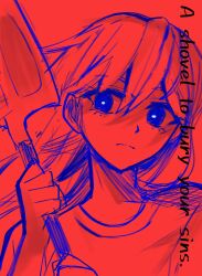  1girl black_eyes commentary_request english_text frown highres holding holding_shovel looking_at_object mari_(omori) monochrome myohn omari_(omori) omori red_background shovel 
