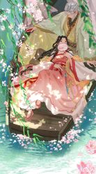  1boy 1girl absurdres alternate_hair_length_(longer) alternate_hairstyle boat bow-shaped_hair brown_eyes brown_hair chinese_clothes chinese_commentary closed_mouth commentary_request covered_mouth dress earrings flower full_body hair_ears hair_ornament hand_fan hanfu highres holding holding_fan jewelry long_hair looking_at_another lotus love_and_deepspace lying necklace night nose official_alternate_costume on_back on_boat orange_shawl parted_bangs protagonist_(love_and_deepspace) qipao qixiong_ruqun robe shawl sitting smile sylus_(love_and_deepspace) sylus_(shared_lanterns)_(love_and_deepspace) very_long_hair watercraft white_hair yellow_hanfu yellow_robe yuntouxie zhishuo418 
