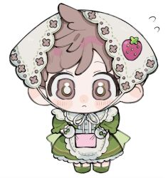  1boy apron blush brown_eyes brown_hair chibi chibi_only closed_mouth crossdressing crossdressing_(mtf) dress florian_(pokemon) flying_sweatdrops food_print fruit_print full_body gloves green_dress green_shoes hands_on_own_hips hei_tai_(kyaputen1) highres male_focus pokemon pokemon_scarlet_and_violet shoes short_hair simple_background solo standing strawberry_print white_background 
