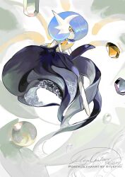  1girl absurdres alternate_color artist_name black_dress black_gloves blue_hair bob_cut colored_skin commentary_request dress elbow_gloves gardevoir gloves highres mega_gardevoir mega_pokemon orange_eyes pokemon pokemon_(creature) shiny_pokemon signature white_skin yueryu_(taroyuer2) 