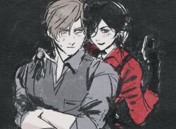  1boy 1girl ada_wong black_gloves black_hair blonde_hair blue_eyes blue_shirt collared_shirt commentary_request east_asian g_78hp gloves hetero korean_commentary leon_s._kennedy male_focus mature_male parted_bangs red_shirt resident_evil shirt short_hair upper_body 