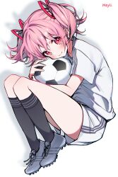  1girl absurdres ball black_socks blush closed_mouth fetal_position full_body gym_shirt gym_shorts gym_uniform hair_ribbon highres kaname_madoka kneehighs looking_at_viewer lying mahou_shoujo_madoka_magica mahou_shoujo_madoka_magica_(anime) mitsureki_meyli on_side pink_eyes pink_hair red_ribbon ribbon shirt short_shorts shorts simple_background smile soccer_ball socks solo twintails white_background white_shirt white_shorts 
