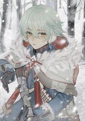  1boy ahoge alyosha_(genshin_impact) bare_tree black_gloves black_pants black_shirt blue_jacket blush branch bullet cape chronosanctuary commentary_request cowboy_shot day earmuffs forest fur-trimmed_cape fur_trim genshin_impact gloves green_hair gun hair_between_eyes hand_up highres holding holding_gun holding_weapon hood hooded_cape jacket long_sleeves looking_at_viewer male_focus nature open_mouth outdoors pants rifle shirt short_hair sky sniper_rifle snow snowflakes snowing solo tongue tree turtleneck turtleneck_shirt weapon white_cape white_sky winter yellow_eyes 