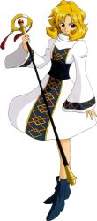  1girl blonde_hair blue_eyes blue_shoes dress fire_emblem fire_emblem:_mystery_of_the_emblem full_body holding holding_staff koya_katsuyoshi long_sleeves looking_at_viewer medium_hair official_art serious shoes solo staff transparent_background white_dress yuliya_(fire_emblem) 