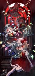  4girls absurdres artist_name ascot blonde_hair bloomers bow clone closed_mouth collared_shirt commentary_request crystal crystal_wings fang fang_out flandre_scarlet flying four_of_a_kind_(touhou) frilled_shirt_collar frilled_skirt frills full_body full_moon glowing glowing_eyes hat hat_bow highres looking_at_viewer mob_cap mochacot moon multicolored_wings multiple_girls one_side_up open_mouth puffy_short_sleeves puffy_sleeves red_bow red_eyes red_skirt red_sky red_vest shirt short_sleeves skin_fang skirt skirt_set sky smile touhou vest white_bloomers white_hat white_shirt window wings yellow_ascot 
