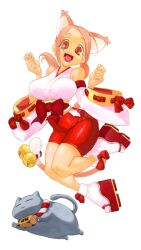  1girl :3 animal animal_ears bell bike_shorts bow breasts cat cat_ears cat_tail closed_eyes clothing_cutout collar commentary_request detached_sleeves from_below full_body grey_cat hands_up hip_vent japanese_clothes jingle_bell jumping kouhaku_nawa large_breasts leg_up mamorunokoto midair miko multicolored_hair nontraditional_miko open_mouth original parted_bangs pawpads pink_hair platform_sandals ponytail red_bow red_eyes red_sandals red_streaks red_trim rope sandals shimenawa shoes simple_background smile socks streaked_hair tail white_background white_streaks wide_sleeves 