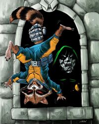  2boys animal_ears ario_anindito artist_name claws doctor_doom english_commentary fangs furry furry_male highres hood hood_up male_focus marvel mask multiple_boys official_art open_mouth raccoon_boy raccoon_ears raccoon_tail rocket_raccoon tail tail_grab whiskers 