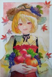  1girl absurdres aki_minoriko apple apron autumn_leaves black_choker blonde_hair border choker dot_nose food food-themed_hair_ornament frilled_shirt_collar frills fruit fruit_hat_ornament grape_hair_ornament grape_hat_ornament grapes hair_ornament highres holding holding_food holding_fruit leaf leaf_hair_ornament leaf_on_head long_sleeves maple_leaf neck_ribbon open_mouth orange_apron outside_border painting_(medium) pumpkin red_apron red_eyes ribbon sai_sapphire short_hair signature smile solo touhou traditional_media upper_body watercolor_(medium) white_border 