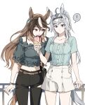  2girls ahoge alternate_hairstyle animal_ears arm_support bag bangs black_pants breasts brown_hair closed_mouth collarbone cowboy_shot crop_top dimseomjang-gun earrings food green_shirt grey_hair hairband hand_on_another&#039;s_hip handbag highres holding holding_food horse_ears horse_girl horse_tail ice_cream jewelry korean_commentary long_hair looking_at_another medium_breasts midriff multicolored_hair multiple_girls navel oguri_cap_(umamusume) open_mouth pants ponytail railing red_eyes shirt short_sleeves shorts simple_background single_earring smile standing streaked_hair symboli_rudolf_(umamusume) tail umamusume watch watch white_background white_shorts 