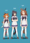  3girls ^_^ absurdres ahoge animal_ears arms_at_sides bandaid bandaid_on_face bandaid_on_nose bangs black_hair breasts brown_footwear brown_hair closed_eyes copano_rickey_(umamusume) crossed_arms double_bun full_body hair_bun height_chart height_difference highres horse_ears horse_girl horse_tail looking_at_another mayano_top_gun_(umamusume) medium_breasts mouth_hold multiple_girls narita_brian_(umamusume) no_mouth open_mouth orange_hair petoka ponytail purple_shirt sailor_collar school_uniform shirt shoes simple_background skirt small_breasts smile stalk_in_mouth standing sweatdrop tail thigh-highs tracen_school_uniform umamusume white_skirt white_thighhighs |_| 