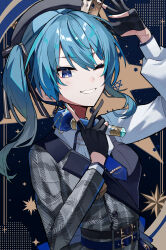  1girl :d ;d a-rufu absurdres asymmetrical_sidelocks belt beret black_belt black_gloves black_ribbon blue_belt blue_eyes blue_hair blue_nails blue_necktie breasts buttons collared_shirt commentary_request crown double-parted_bangs earrings gloves grey_hat hair_ribbon hat highres holding holding_microphone hololive hoshimachi_suisei hoshimachi_suisei_(14th_costume) jacket jewelry lapels light_blush medium_hair microphone mini_crown multiple_belts necktie notched_lapels official_alternate_costume one_eye_closed partially_fingerless_gloves plaid_clothes plaid_jacket plaid_skirt ribbon shirt short_necktie side_ponytail sidelocks skirt smile solo sphere_earrings star_(symbol) star_in_eye symbol_in_eye teeth upper_body vest virtual_youtuber white_shirt wrinkled_fabric 