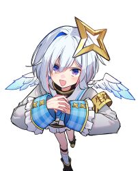  1girl :d absurdres amane_kanata amane_kanata_(1st_costume) armband black_boots black_skirt blue_hair boots feathered_wings frilled_skirt frilled_sleeves frills grey_hair grey_jacket hair_between_eyes highres hololive jacket long_sleeves multicolored_hair osisio own_hands_together plaid_clothes plaid_socks simple_background single_hair_intake single_sock skirt smile socks solo two-tone_hair violet_eyes virtual_youtuber white_background white_wings wings 