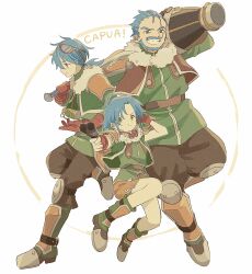  1girl 2boys armor blue_facial_hair blue_hair brown_vest cannon character_name commentary don_capua eiyuu_densetsu facial_hair fingerless_gloves gloves goggles goggles_around_neck goggles_on_head greaves green_shirt green_vest gun highres holding holding_cannon holding_gun holding_sword holding_weapon josette_capua knee_pads kyle_capua macha_(macha3635toa) multiple_boys orange_skirt red_gloves scar scar_across_eye scar_on_face shirt short_hair shoulder_armor siblings simple_background skirt sora_no_kiseki steel-toe_boots sword vest weapon white_background yellow_eyes 