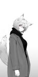  1641_(chfhrtor94) 1girl animal_ears bangs black_sweater closed_mouth coat gloves grey_background grey_coat highres inubashiri_momiji long_sleeves looking_at_viewer red_eyes short_hair solo sweater tail touhou white_hair wolf_ears wolf_girl wolf_tail 