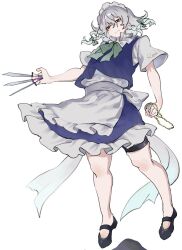  1girl apron back_bow between_fingers blue_eyes blue_skirt blue_vest bow bowtie braid clothes_writing collared_shirt green_bow green_bowtie grey_hair hair_bow holding holding_knife holding_pocket_watch izayoi_sakuya knife knives_between_fingers long_hair maid maid_headdress pocket_watch shirt skirt solo touhou twin_braids vest waist_apron watch white_apron white_bow white_shirt yukine_0930 