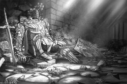  1boy armor artist_name commentary corpse dark_souls_(series) dark_souls_i death flower frog full_armor gauntlets greaves greyscale helm helmet highres indoors knight knight_of_astora_oscar lily_pad male_focus monochrome on_floor overgrown pauldrons plant rubble ruins shield shoulder_armor single_pauldron sitting solo sunlight sword theknightsstars tunic twitter_username vines water water_lily_flower weapon 