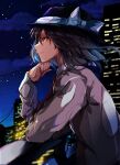  1girl balcony bangs black_hair black_headwear bow city closed_mouth clouds from_side gradient_sky hand_on_own_chin hat hat_bow highres krs_(kqrqsi) long_sleeves night night_sky outdoors red_eyes shirt short_hair sky solo star_(sky) starry_sky touhou usami_renko white_bow white_shirt 